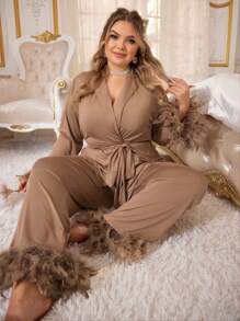 Slumberist Women's Plus Size Feather Decoration Tie Waist Long Sleeve Long Pants Pajama Set, Fall Clothes