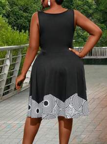 Maweii Plus Size Women Geometric Printed Sleeveless Casual Dress With Round Neckline, Summer