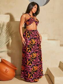 SHEIN SXY Bộ áo crop top in họa tiết cổ điển dành cho nữ có dây buộc cổ và váy xẻ cao, mùa hè - Nhiều màu - Xem 6