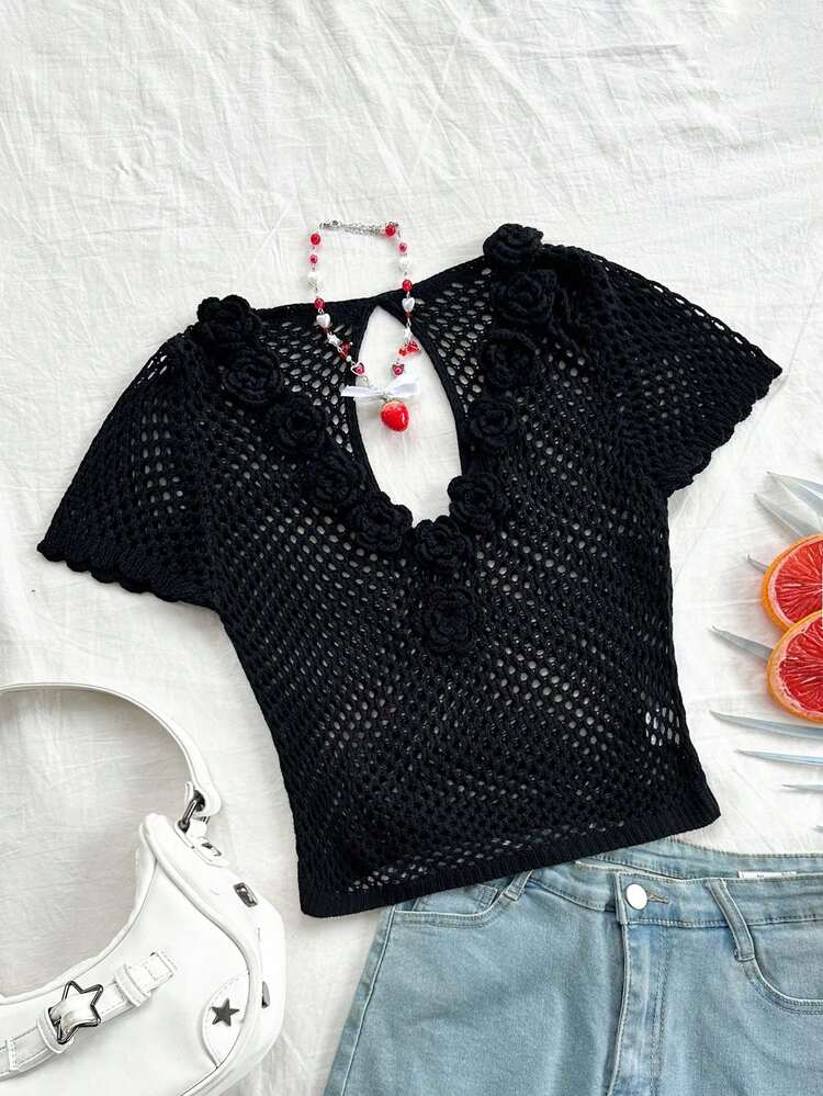 Women Vacation V-Neck 3D Floral Fishnet See-Through Short Sleeve Knit Top