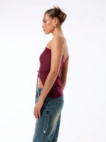 MUSERA Sheer Knit Curved Hem Bandeau Top Vacation Spring Summer Festival Holiday - Purple - View 4
