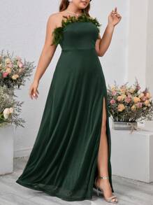 SHEIN Belle Vestido de Festa Plus Size Sensual Sem Alças em Pluma de Peru com Fenda Alta (Versão Pesada) (Pluma de Peru Genuína) - Verde Escuro - Visão 3