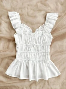 Soleia Short-Sleeved Top With Solid Color, Gathered Waistband, And Casual Daily Style