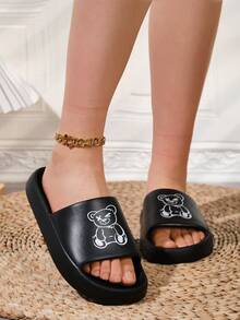 新款可愛卡通熊臉女拖鞋，適用於室內/室外/沙灘/浴室，防滑且彈性好 - 黑與白 - 查看 2