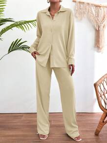 SHEIN Cottnline Oversize Textured Casual Fashion Shirt Three-Piece Suit - Beige - View 4