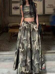 Women's Camouflage Print Casual Daily Wear Knee-Length Skirt - 軍綠色 - 查看 1