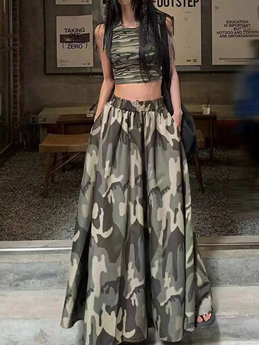 Women's Camouflage Print Casual Daily Wear Knee-Length Skirt - 軍綠色 - 查看 1