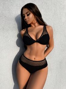 Swim SXY Women's Solid Color Contrast Mesh Sexy Bikini Set, Perfect For Beach Vacation Summer - Black - View 3