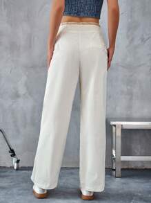 GENKIRA White Waistband Patchwork Drawstring Ruffle Hem Loose Straight Leg Casual Pants - Beige - View 4
