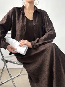 Mulvari 女士简约纯色日常长袖衬衫和吊带裙 2 件套 2 件套 - 咖啡棕 - 查看 6