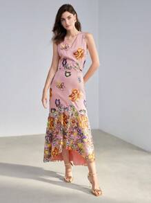 MOTF PREMIUM VESTIDO DE MALLA FLORAL CON BORDADO Y CUELLO DE CRUCE EN FORMA DE SIRENA