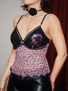 Betty Boop | ROMWE Women's Cartoon Character Rhinestone Pattern Heart Leopard Print Color Block Cami Top For Summer