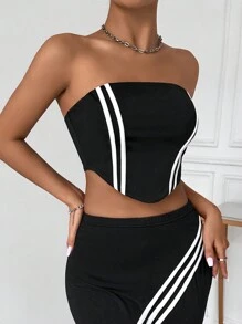 Zolique 女士條紋印花不對稱擺型無袖背心 - 黑色 - 查看 3