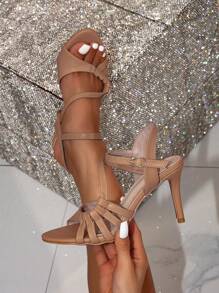 Women's Khaki High Heel Sandals, Khaki High Heels, Khaki Sandals, Banquet High Heels, Khaki High Heels, Khaki High Heel Sandals, Khaki Sandals, High Heel Sandals, Nude Woven Thin Heel Sandals, One-Strap Buckle High Heels, Commute Office Banquet Party Versatile Women's Shoes, Light Luxury Nude Buckle High Heels, Gentle Nude Thin Heel Elongating Leg Look, Suitable For Workplace Commute Party Formal Banquet Outfit - Khaki - View 2