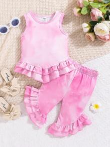 女童夏季裝扮幼兒無袖渐層色上衣和鈴鐺底部花邊褲子套裝 - 淺粉色 - 查看 1