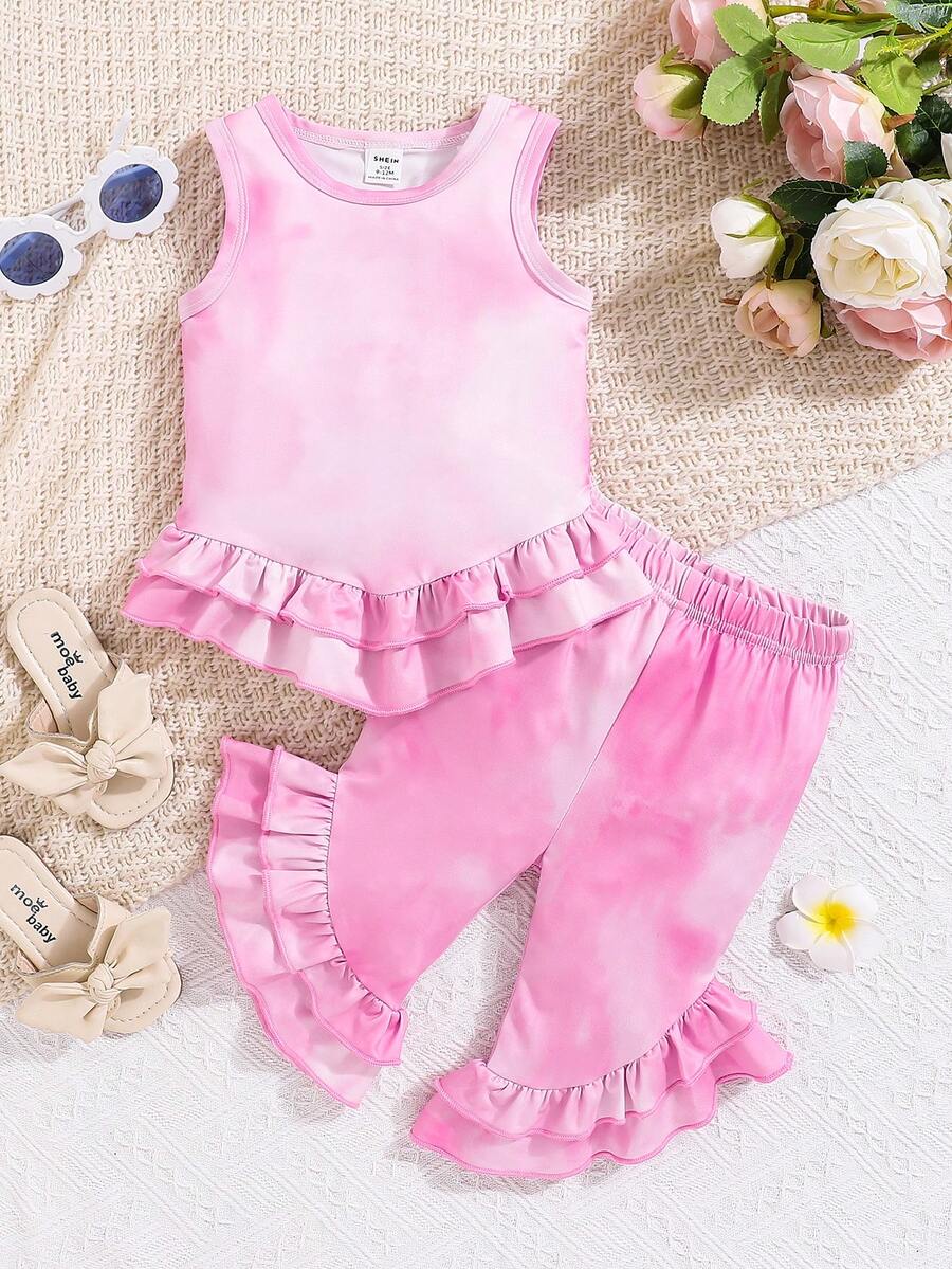 女童夏季裝扮幼兒無袖渐層色上衣和鈴鐺底部花邊褲子套裝 - 淺粉色 - 查看 1