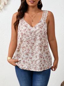 SHEIN Frenchy Plus Size Boho Summer New Floral Print Contrast Lace Tank Top