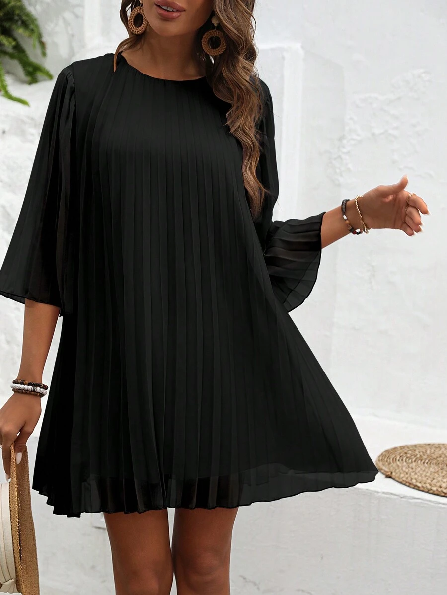 SHEIN LUNE 女士純色圓領褶皺寬鬆直筒夏季長裙，配有3/4袖 - 黑色 - 查看 1