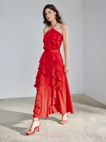 MOTF PREMIUM SOLID RUFFLE TRIM HALTER NECK DRESS