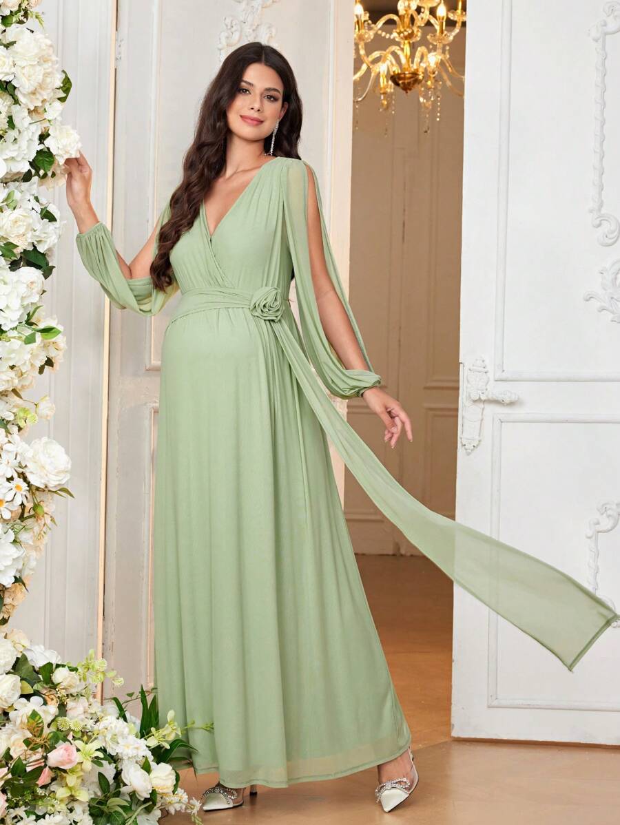 SHEIN Váy dài tay cổ chữ V sâu thanh lịch, trẻ trung và trưởng thành cho bà bầu trong các lễ hội - màu xanh lá - Xem 1