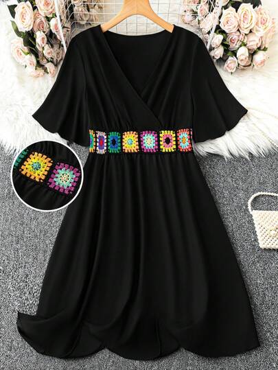 SHEIN LUNE Summer Plus Size Boho Holiday Leisure Crochet Patchwork Empire Waist Dress