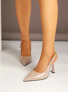 Women's Pointed Toe High Heel Fashion Button Decor Patent Leather Pumps,Elegant - Beige - View 4