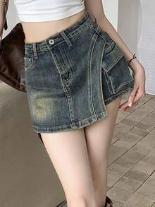 女士工装口袋不对称下摆休闲牛仔裤裙 - 藍色 - 查看 4