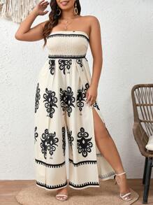 Breezaya 大尺碼女裝時尚印花無肩鬆身連身褲