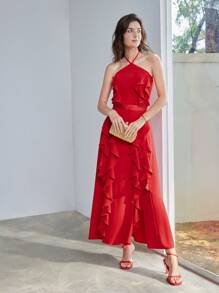 MOTF PREMIUM SOLID RUFFLE TRIM HALTER NECK DRESS