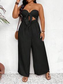 SHEIN VCAY 大尺碼假日無肩帶連身褲，長褲款式 - 黑色 - 查看 5