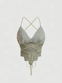 SHEIN MOD 女士时尚花朵刺绣镂空吊带背心 - 綠色 - 查看 2
