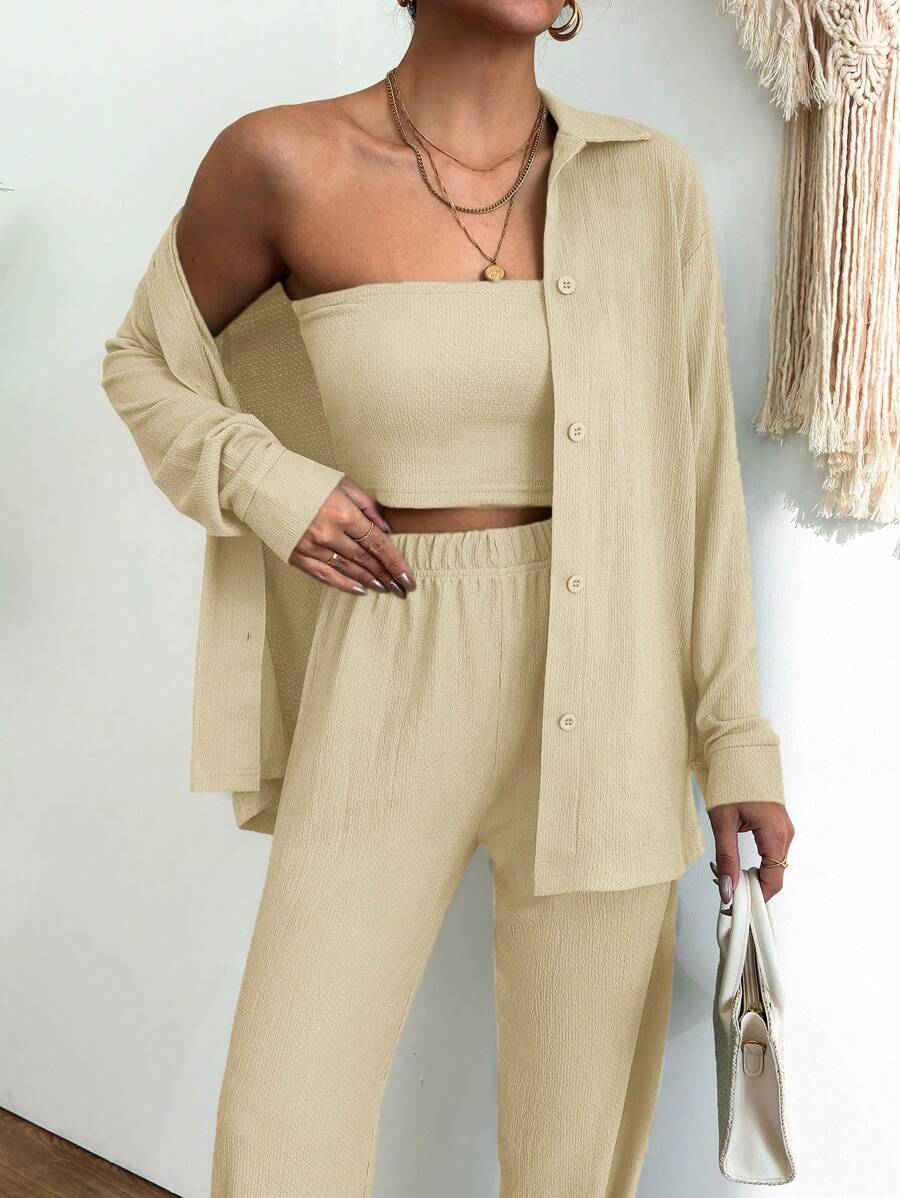 SHEIN Cottnline Oversize Textured Casual Fashion Shirt Three-Piece Suit - Beige - View 1