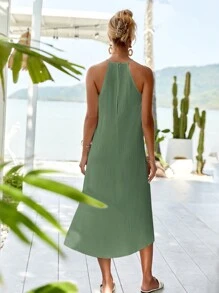 SHEIN Cottnline Solid Split Hem Halter Dress - Army Green - View 2