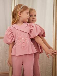 SHEIN Young Girls Solid Color Simple Large Cuff Top Solid Color Pants  2-Piece Outfit Set - Multicolor - View 3