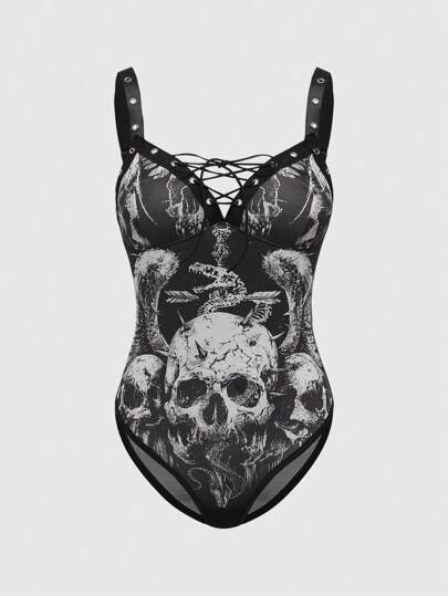 Grunge Punk Dark Skull, Wing And Snake Pattern Elastic Bandage Jumpsuit, Punk Style