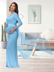 JustVH 孕妇长袖及地网纱连衣裙，适合宝宝拍照和迎婴派对等场合 - 淺藍色 - 查看 7