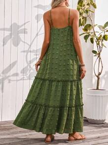 Breezaya Vestido largo de tirantes finos con pompones y detalles de unión de bambú para mujer, para primavera/verano - Verde militar - Ver 2