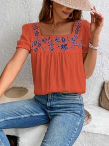 Breezaya Women's Summer Plant Embroidery Square Neck Short Puff Sleeve Loose Blouse - Orange - View 4
