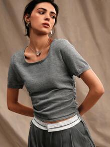 Anewsta U-Neck Pleated Knitted Grey Short Sleeve Casual Crop Top - Grey - View 7