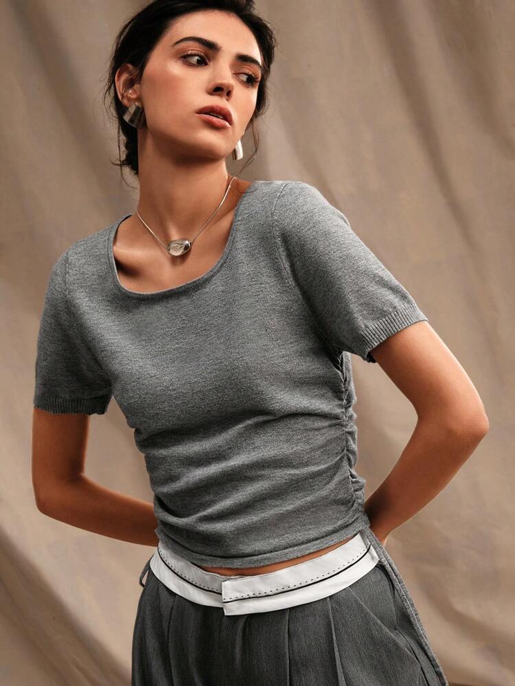 U-Neck Pleated Knitted Grey Short Sleeve Casual Crop Top