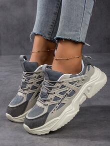 女士拼色系帶休閒運動鞋，字母拼布裝飾戶外運動鞋 - 彩色 - 查看 6