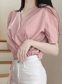 DAZY 女士夏季休閒純色泡泡袖包身襯衫 - 粉色 - 查看 5