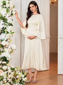 Loomaby 孕妇优雅青春圆领喇叭袖长款修身孕妇连衣裙