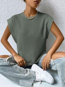 SHEIN Essnce Solid Color Cap Sleeve Knitted Round Neck T-Shirt - Green - View 4