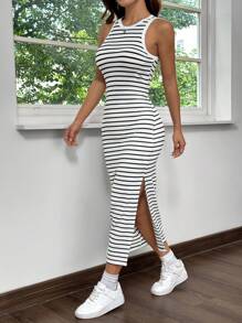 SHEIN EZwear Damen Sommer Freizeitkleid in schwarz-weiß gestreiftem Slim Fit mit ärmellosem Schnitt und seitlichen Schlitzen