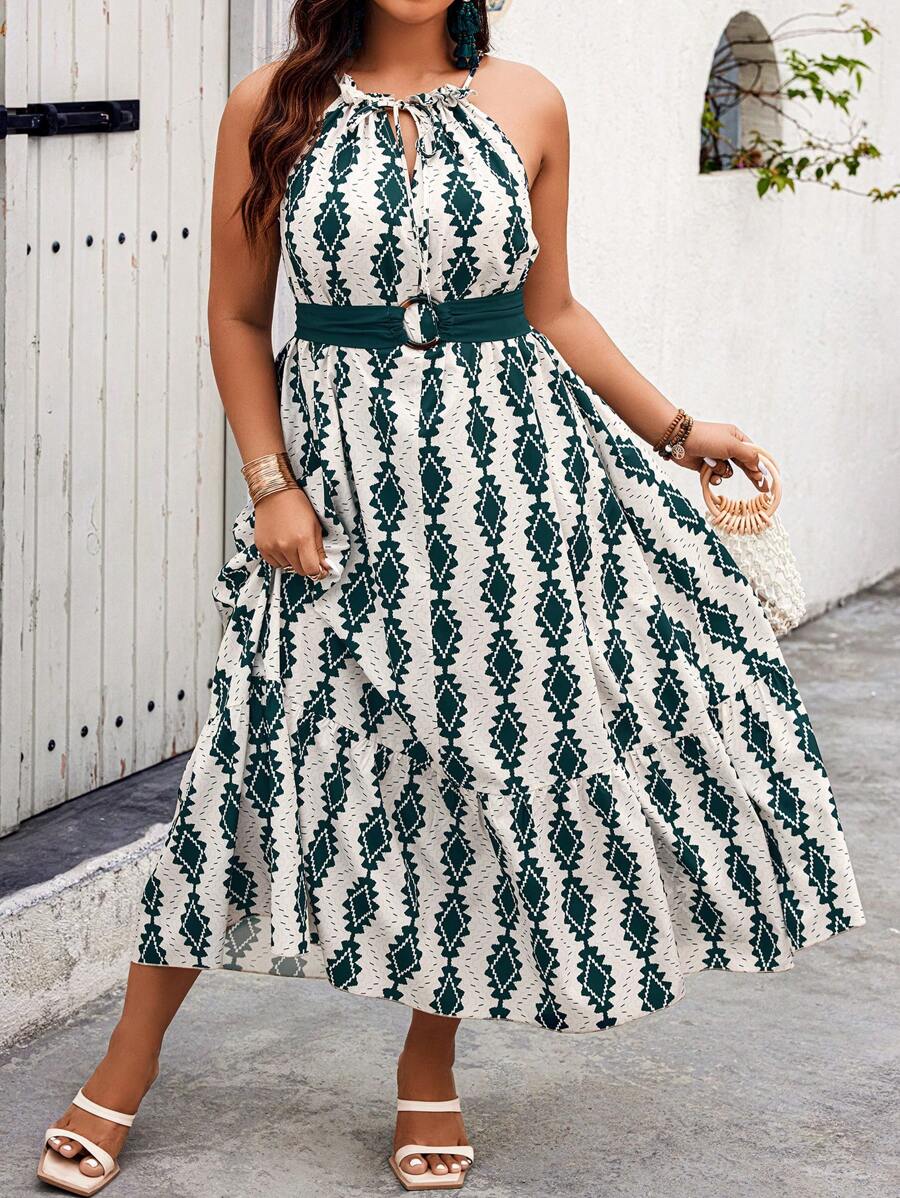 Breezaya 大尺碼系帶無袖假日連衣裙，隨機圖案印花設計