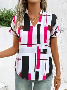 SHEIN LUNE Women V-Neck Short Sleeve Wide Batwing Sleeve Printed Blouse - Hot Pink - View 5
