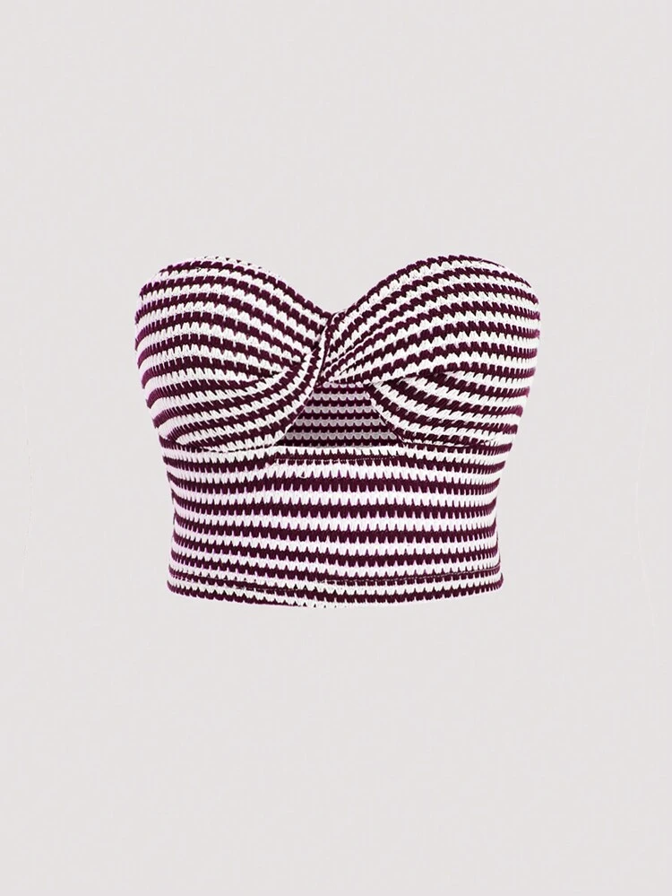 Women's Summer Striped Printed Bust Twist Crop Top With Hollow Out Design