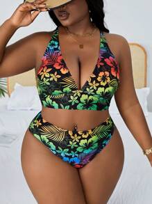 Slaydiva 夏季沙灘大碼女士熱帶植物印花領背心式胸衣和比基尼下擺套裝