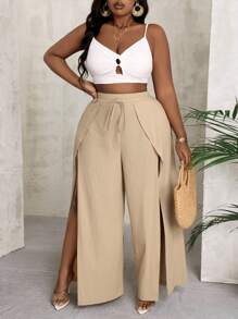 Slaydiva 宽松休闲阔腿裤加大码绿色春假 - 卡其色 - 查看 3